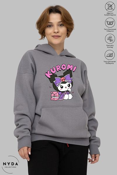 Nyda Collections Kuromi Anime Printed Long Sleeve Hoodie - Hooded Anime Sweatshirt, Oversize Cotton
