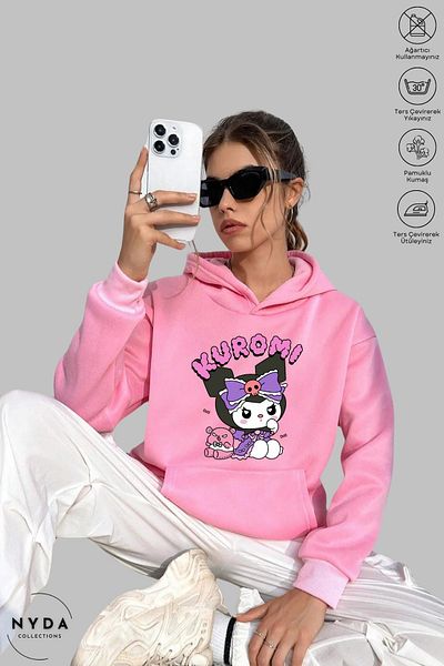 Nyda Collections Kuromi Anime Printed Long Sleeve Hoodie - Hooded Anime Sweatshirt, Oversize Cotton