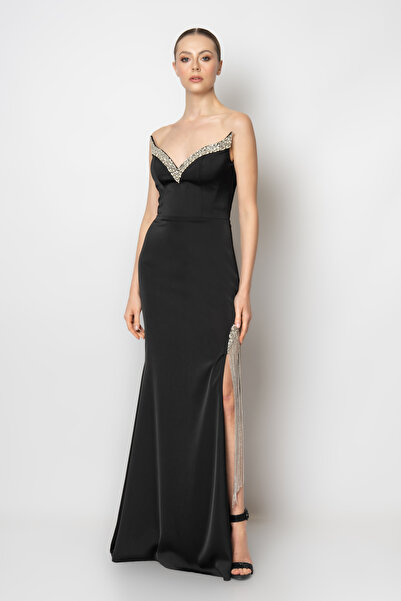 RENGIN Bacağından taş şerit aksesuarlı kedi yaka saten abiye elbise