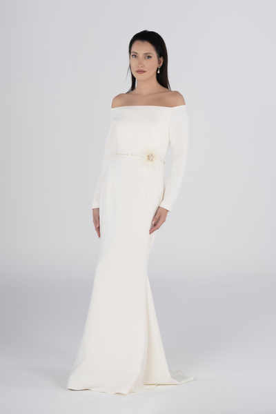 PEARL Balık Model Beyaz Straplez Abiye Elbise - El İşleme Kemerli Nikah-Nişan-Düğün-Kına-Özel Gün Seçimi