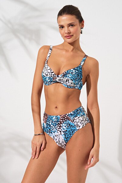 Pierre Cardin Mavi Leopar Balenli Kaplı Toparlayıcı Bikini Takımı Ayarlanabilir Askılı Yüksek Bel Drapeli Şık