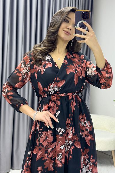 zks grup tekstil Yellow Floral and Leopard Print Double Breasted Midi Chiffon Dress - Balloon Sleeve