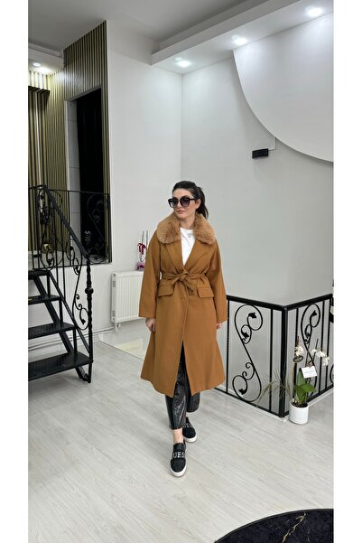 Butik Taba çıkarılabilir kürklü beli kuşaklı kaşe kaban