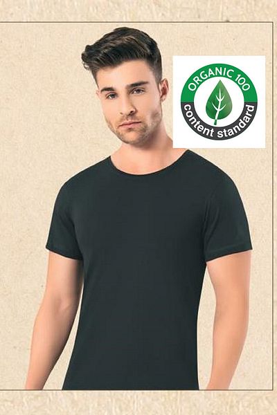 OMERA 2 Men's Round Neck T-Shirts - Organic Cotton and Lycra, Black, Ocs Certified