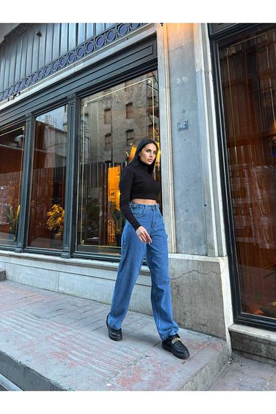 SHEVEGA Women's Blue Side Buckle Wide Cut Baggy Bol Leg Jeans Jeans Pants