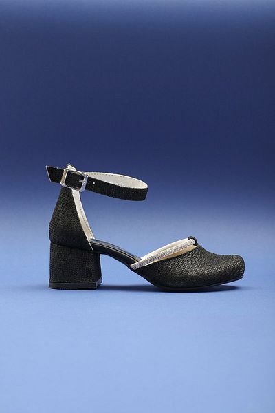 Panda Pantofi de seara confortabili cu detaliu de piatra pentru fete - cu toc negru argintiu