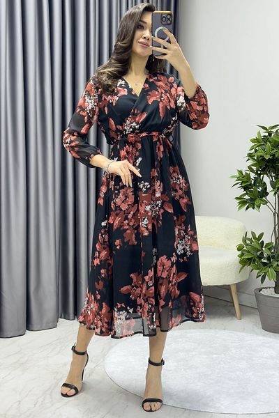 zks grup tekstil Yellow Floral and Leopard Print Double Breasted Midi Chiffon Dress - Balloon Sleeve