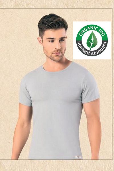OMERA 2 Men's T-Shirts - Organic Cotton, Lycra, Round Neck, Grey, Ocs Certified