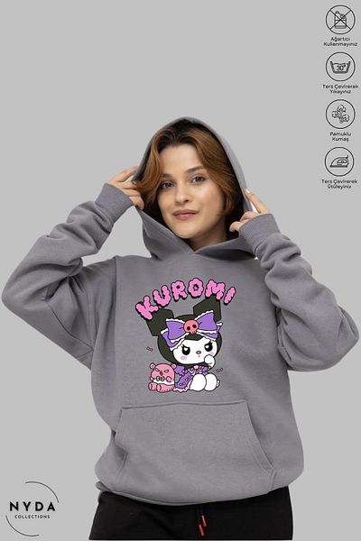 Nyda Collections Kuromi Anime Printed Long Sleeve Hoodie - Hooded Anime Sweatshirt, Oversize Cotton