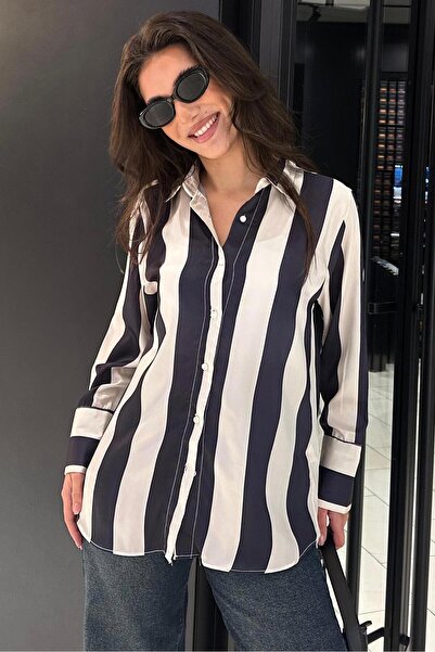 Madmext Γυναικείο πουκάμισο Navy Blue ριγέ Oversize MG1850