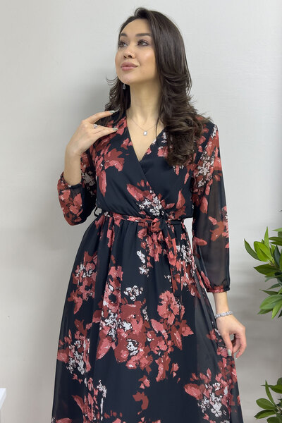 zks grup tekstil Yellow Floral and Leopard Print Double Breasted Midi Chiffon Dress - Balloon Sleeve