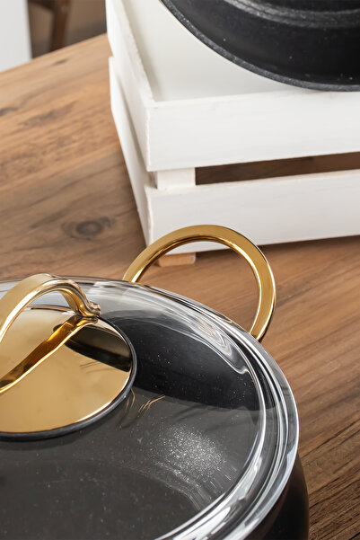 Lines L-5094 Yonca Güveç 7 Parça Küre Tencere Seti - Siyah Altın Kulp