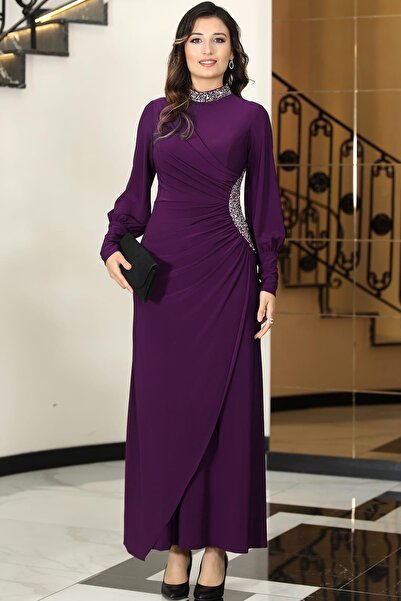 modapodyum Lavin Plum Hijab Evening Dress