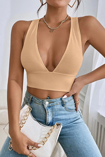 Terapi Men Kadın Krem Çapraz Sırt Detaylı Crop Top Bluz