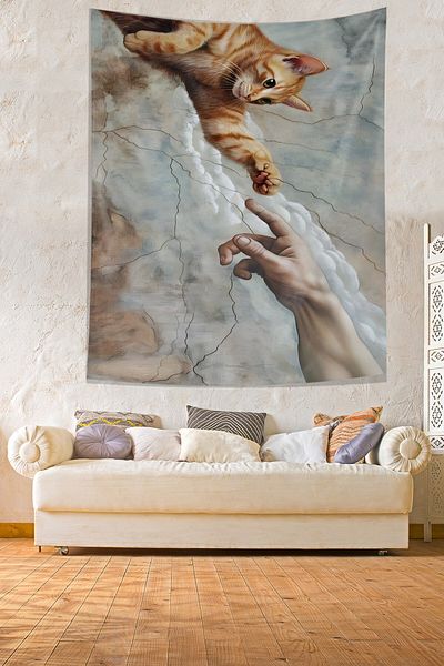 on the clouds Renaissance Adam's Creation Humor Cat Paw Stain Resistant Fabric Wall Cover Wall Tapestry Tapestry