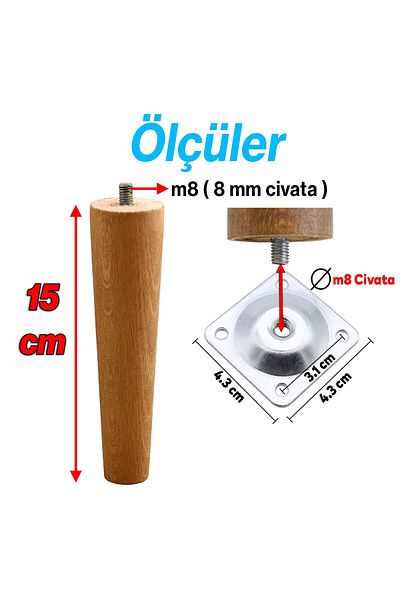 Badem10 Picior din lemn (15 CM) cu dispozitiv de conectare Mobilier Fotoliu Canapea Picior Picior cu șurub M8
