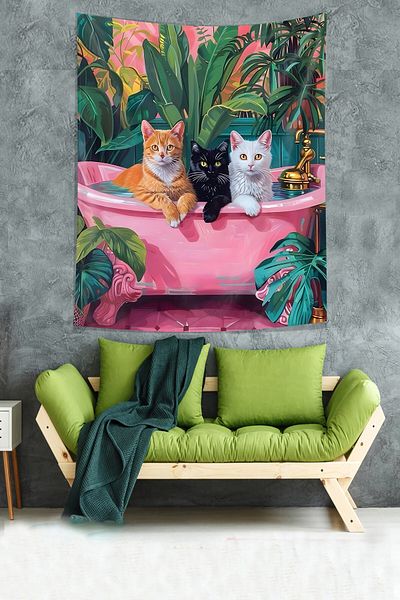 on the clouds Ταπετσαρία τοίχου Pink Cats Stain-Resistant - Tapestry in the Bathtub