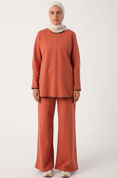 ALLDAY Cinnamon01-Leather Ribbed Trousers Knitted Set