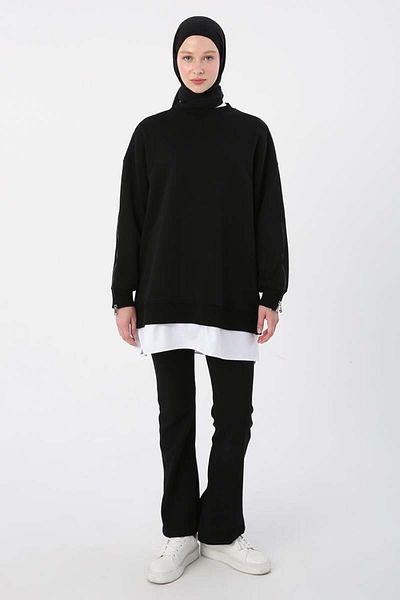ALLDAY Oversize Sweat Tunic with Black Sleeve Zip Woven Garnish