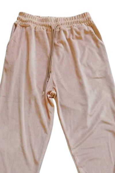 Royaleks Shiny Velvet Pocket Trousers Tracksuit Pajama Bottom Unisex Elastic Leg Beige