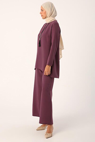 ALLDAY Purple Necklace Wide Leg Trousers Tunic Suit