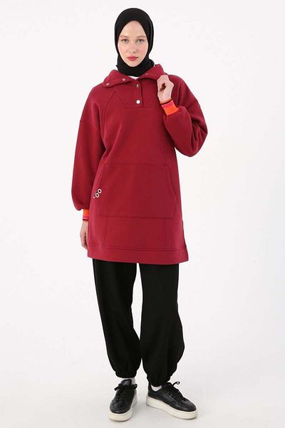 ALLDAY Burgundy-Snap Collar Ribbed Detailed Raised Sweat Tunic