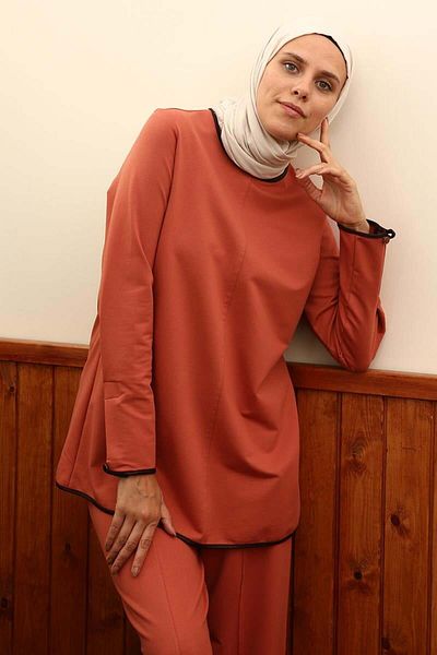 ALLDAY Cinnamon01-Leather Ribbed Trousers Knitted Set