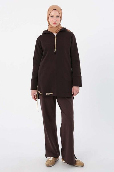 ALLDAY Bitter Coffee-Hooded Chain Glitter Detailed Raised Sweat Tunic
