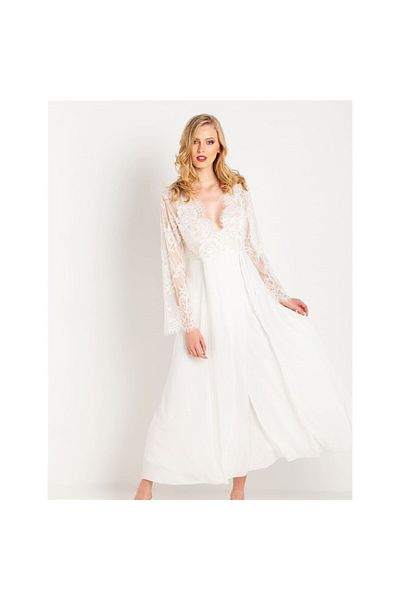 Magic Form 31770 Tasseled Lace Crepe Long Dressing Gown - Ecru