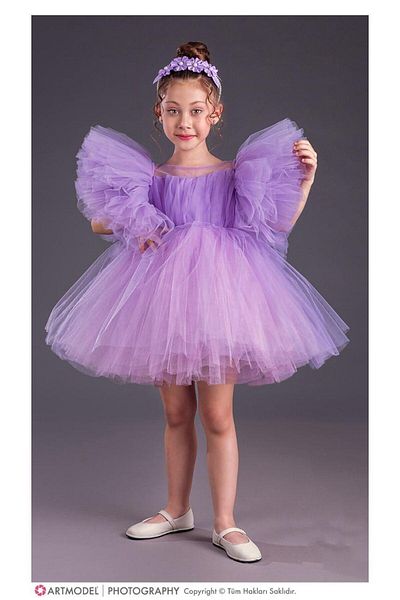 Magu Κοριτσίστικη μωβ φούστα Tutu Puffy Sleeve Comotini Βραδινό φόρεμα με στεφάνη