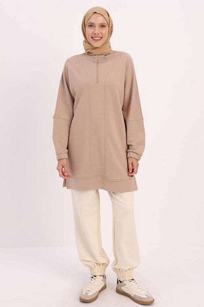 ALLDAY Beige-Vertical Collar Zippered Sweat Tunic
