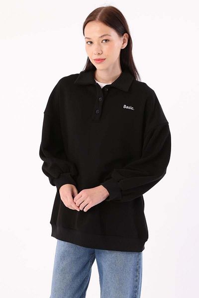 ALLDAY Black-Polo Collar Oversize Sweatshirt
