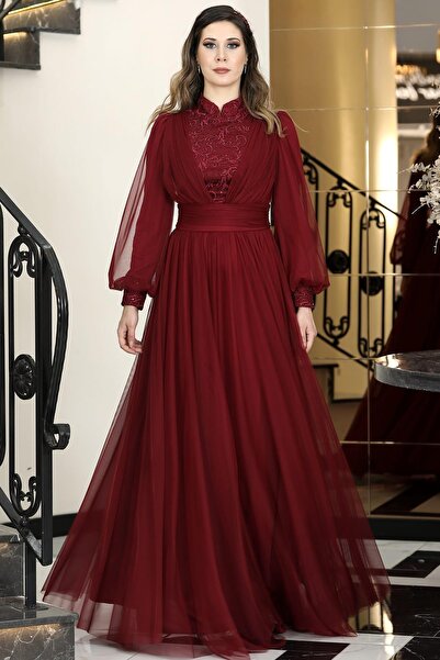 modapodyum فستان سهرة حجاب سيران بورجوندي