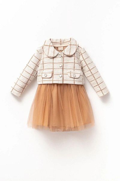 Magu Girl's Pocketed Plaid Patterned Jacket Tulle Dress