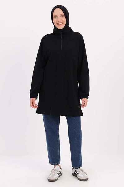 ALLDAY Black-Vertical Collar Zippered Sweat Tunic