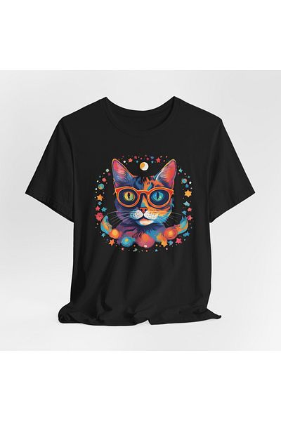 IVART Πολύχρωμα γυαλιά γάτα με στάμπα -unisex -100% βαμβακερό κοντό μανίκι κανονικό μαύρο μπλουζάκι