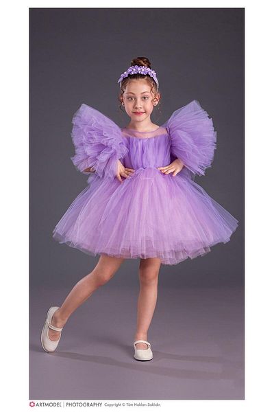 Magu Κοριτσίστικη μωβ φούστα Tutu Puffy Sleeve Comotini Βραδινό φόρεμα με στεφάνη