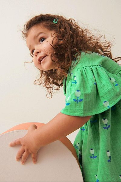 Magu Girl's Green Tulip Patterned Cotton Dress
