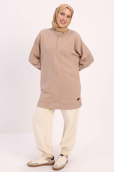 ALLDAY Beige-Vertical Collar Zippered Sweat Tunic