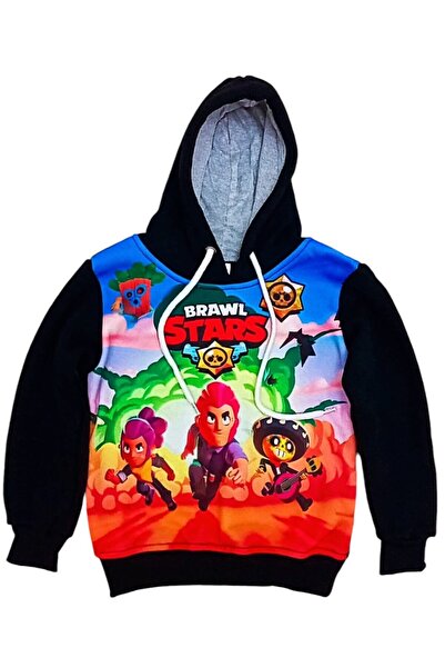 BRAWL STARS 3d Baskılı Erkek Çocuk Polarlı Kapüşonlu Sweatshirt 3 - 15 Yaş Siyah