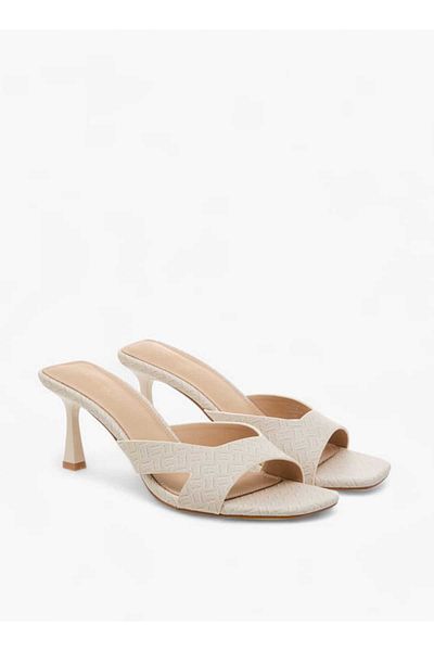 Flora Bella by Shoexpress Flora Bella Monogram Print Slip-On Sandals with Flared Heels