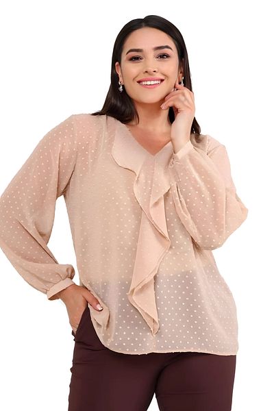 Hanezza Women's Plus Size Front Ruffle Detailed Powder 42-54 Silky Chiffon Blouse (Shipped with Inner Strap Blouse)