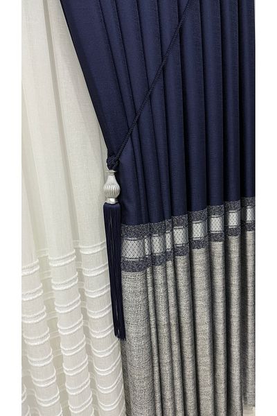 Fon Dünyası Navy Blue Gray Single Wing Striped Panel Background Curtain