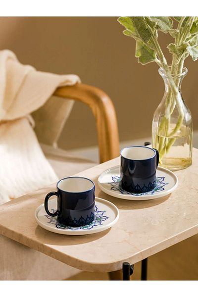 LC Waikiki Lcw Home Blue Printed Porcelain 2-Person Coffee Cup Set 90 ml