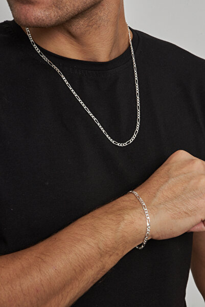 Ventino Silver 4mm Figaro 925 Ayar Gümüş Erkek Zincir Kolye Bileklik Set Ves-...