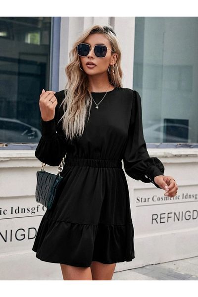 İpeksi Silky Women's Long Sleeve Crew Neck Elastic Waist Ruffled Imported Crepe Dress