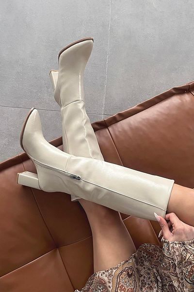 STRASWANS Γυναικείες δερμάτινες μπότες Sawyer Beige - Μυτερές και ζαρωμένες