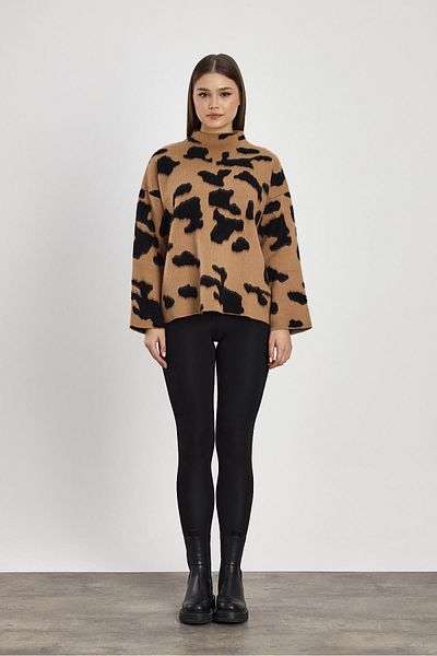 Rays 24371 - Pulover negru cu guler ridicat, biscuit, leopard