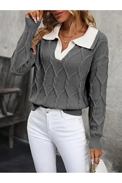 citystyle Pulover de damă din tricot cu guler polo, cu model, antracit