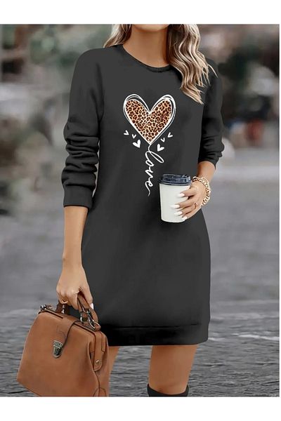 modazero Women's Long Sleeve Crew Neck Heart Print Short Viscose Dress